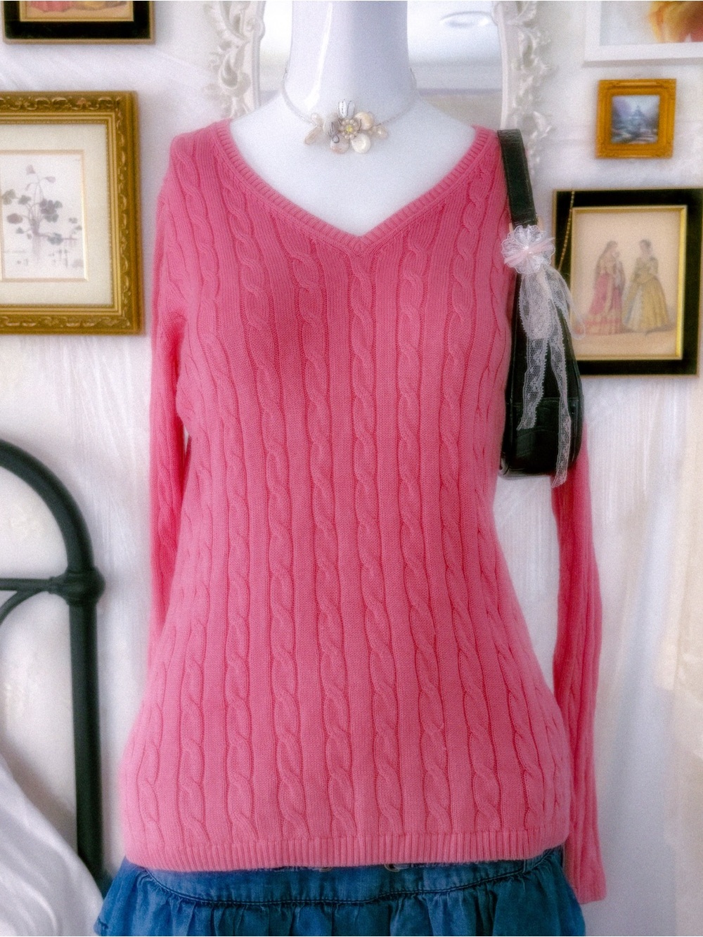 Preppy bubblegum casual y2k vintage girly cable knit Peruvian pima cotton top